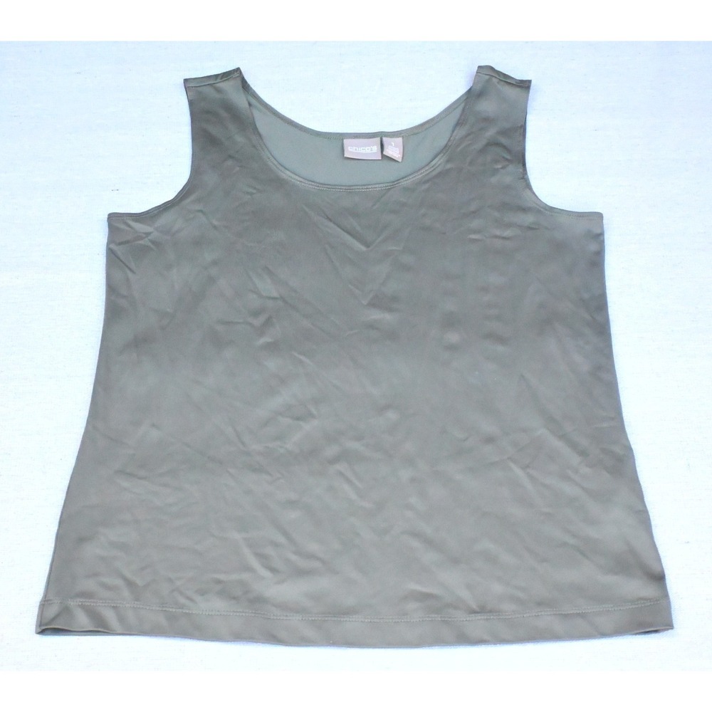 Chicos Womens 1 M Olive Green Scoop Neck Tank Top Wide Straps Stretch Knit Sleek